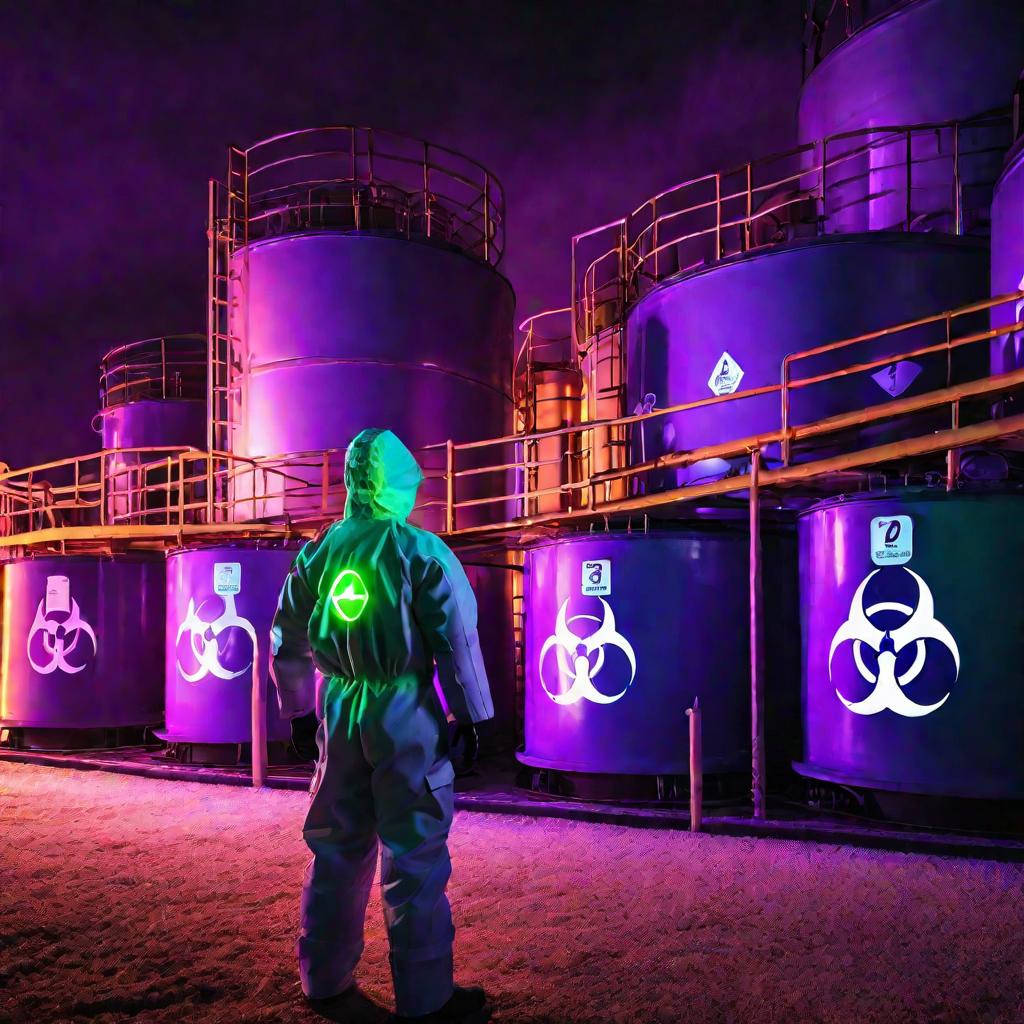 Зловещая сцена человека в защитном костюме, стоящего перед большими химическими резервуарами, помеченными знаками опасности, на фоне темного сумеречного неба с отблесками неоново-зеленого и фиолетового света, исходящего от резервуаров и оборудования.