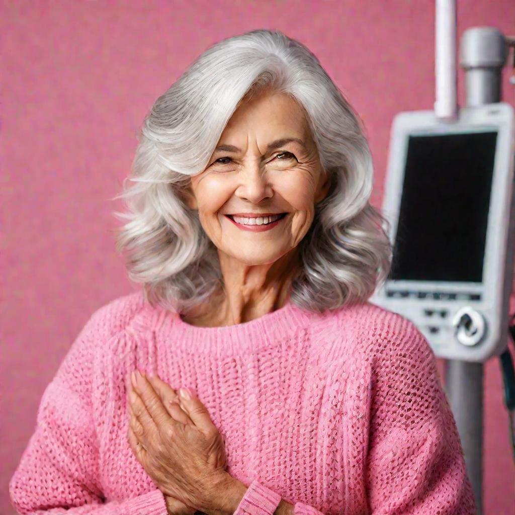 Пожилая женщина на маммографии улыбается