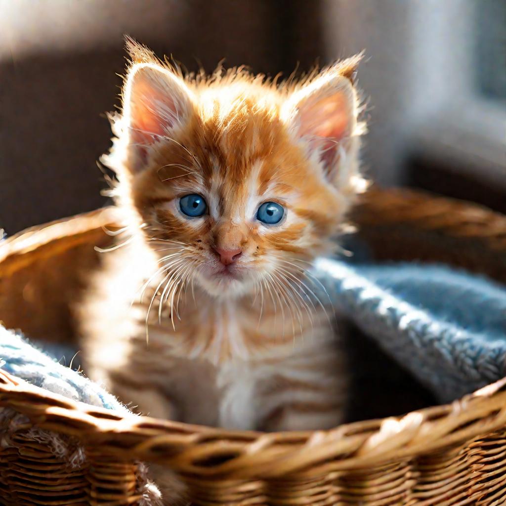 Рыжий пушистый котенок сидит в корзинке с мягкими одеялами