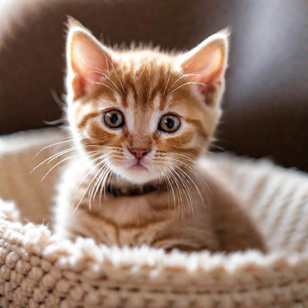 Рыжий котенок британской короткошерстной породы сидит на кроватке