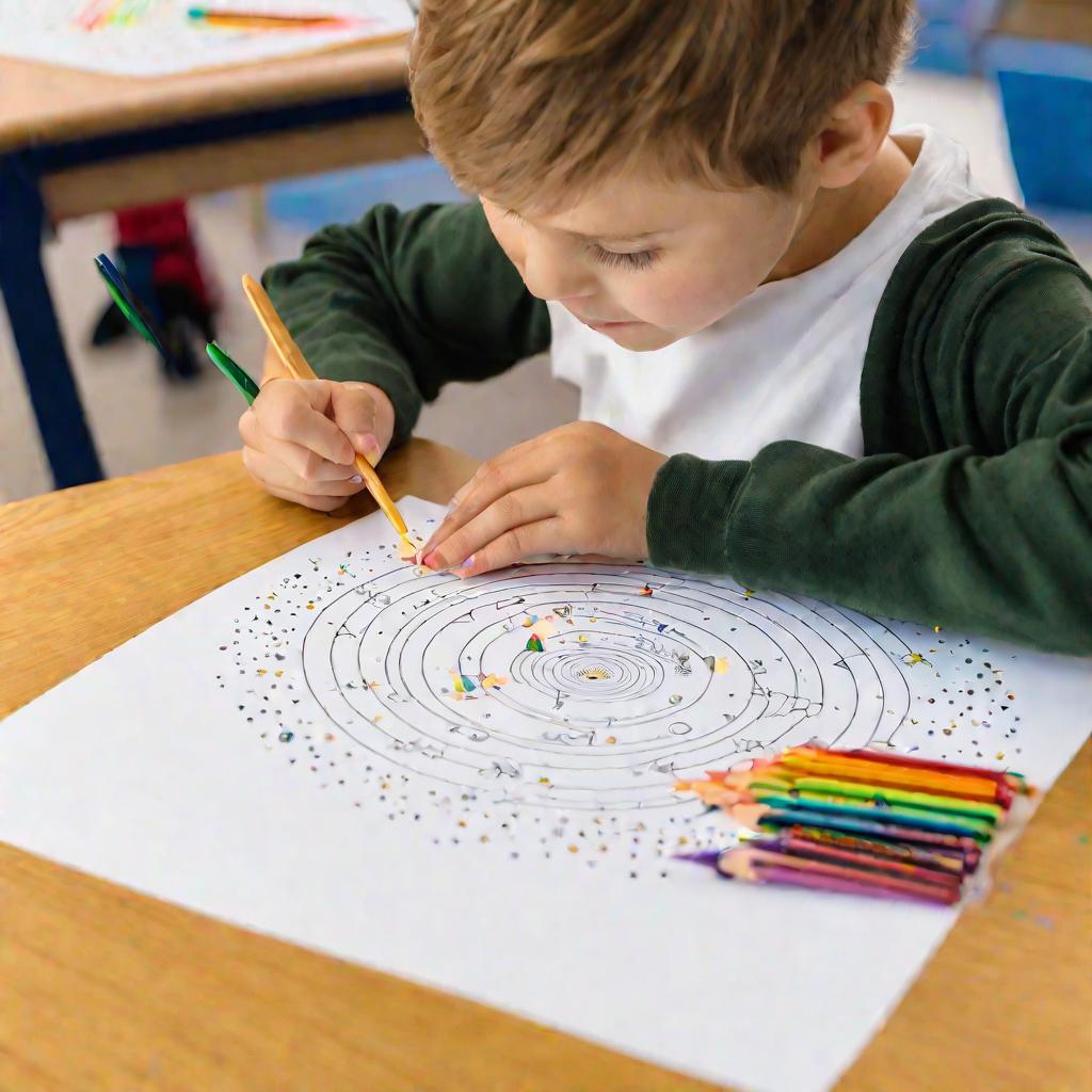 Ребенок раскрашивает распечатанные созвездия за партой в классе