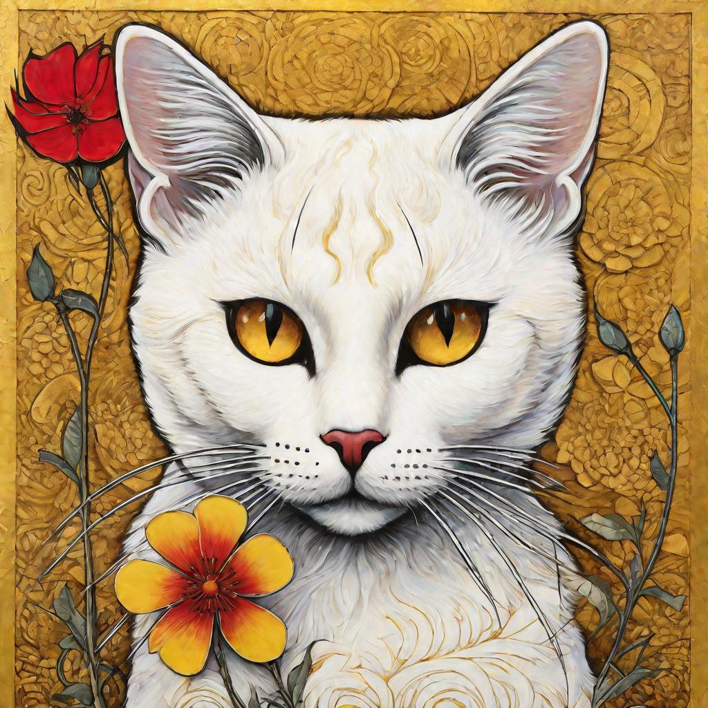 Яркая смешанная техника изображает белого кота, держащего маленький цветок - иллюстрация фразеологизма «кот наплакал»