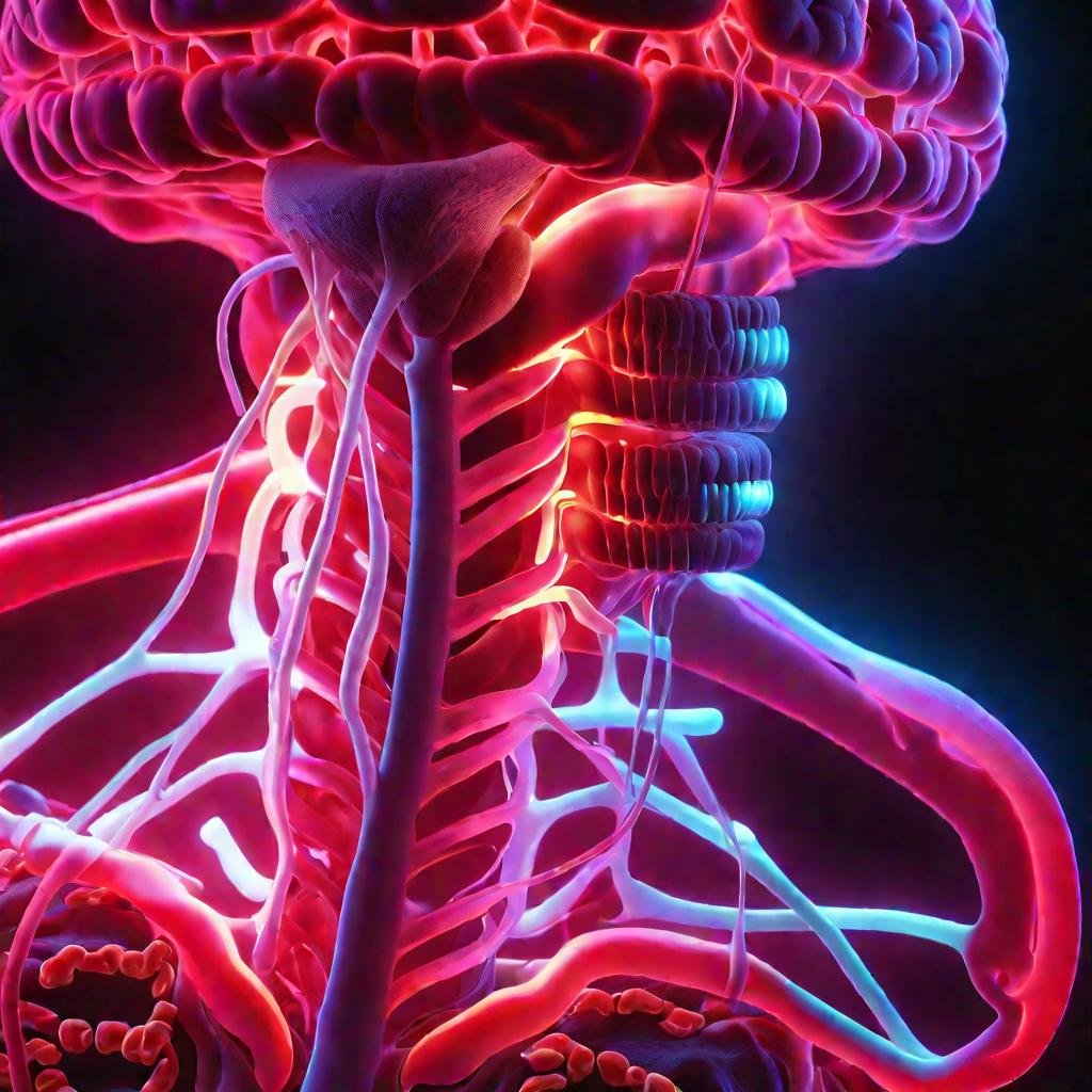 Модель шейного отдела позвоночника и головного мозга. Сжатие позвоночной артерии ярко подсвечено