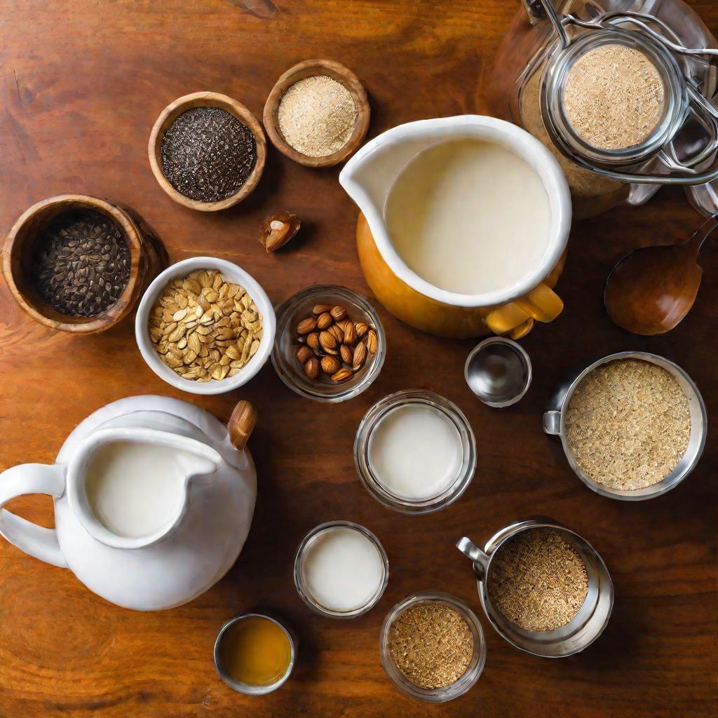 На столе ингредиенты для увеличения лактации - овсянка, дрожжи, семена льна, орехи и чашка чая.