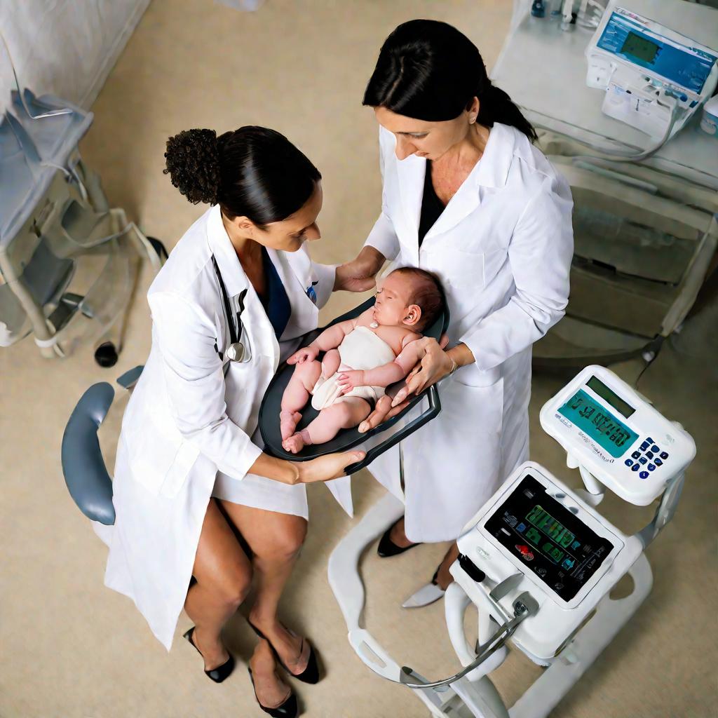 Педиатр взвешивает новорожденного ребенка на весах, мама смотрит волнуясь рядом в клиническом кабинете