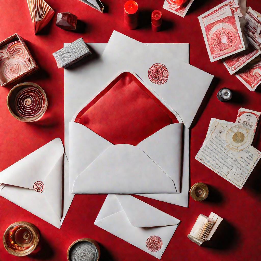Разные конверты и канцелярия для почты на столе, красный конверт С4 в центре светится магической энергией.