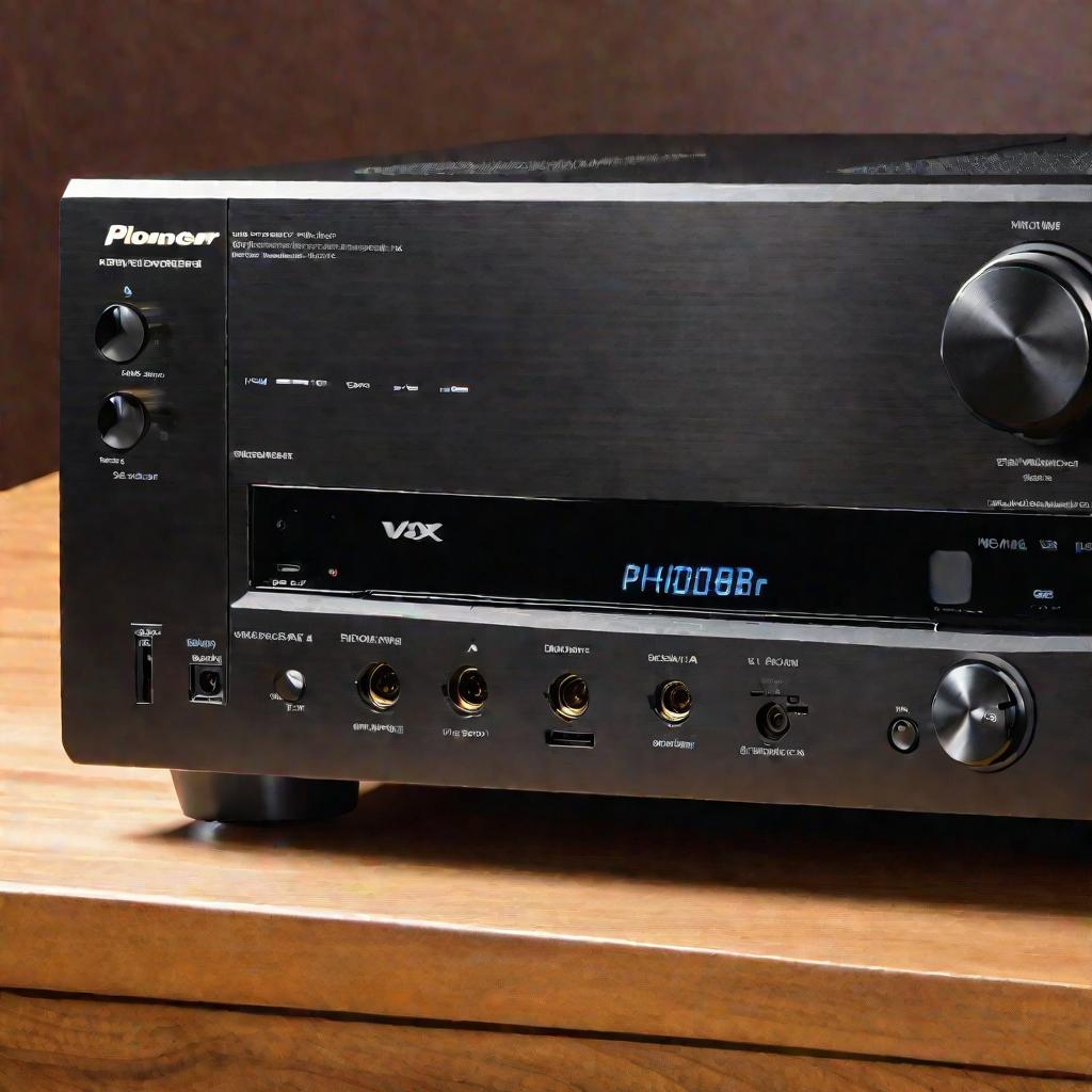 Вид сверху на разъемы на задней панели ресивера Pioneer VSX-420 с подключенными кабелями