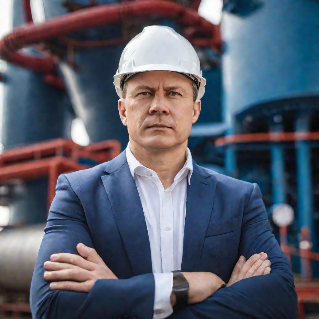 Портрет директора станции Дмитрия Ворожеева на фоне турбин