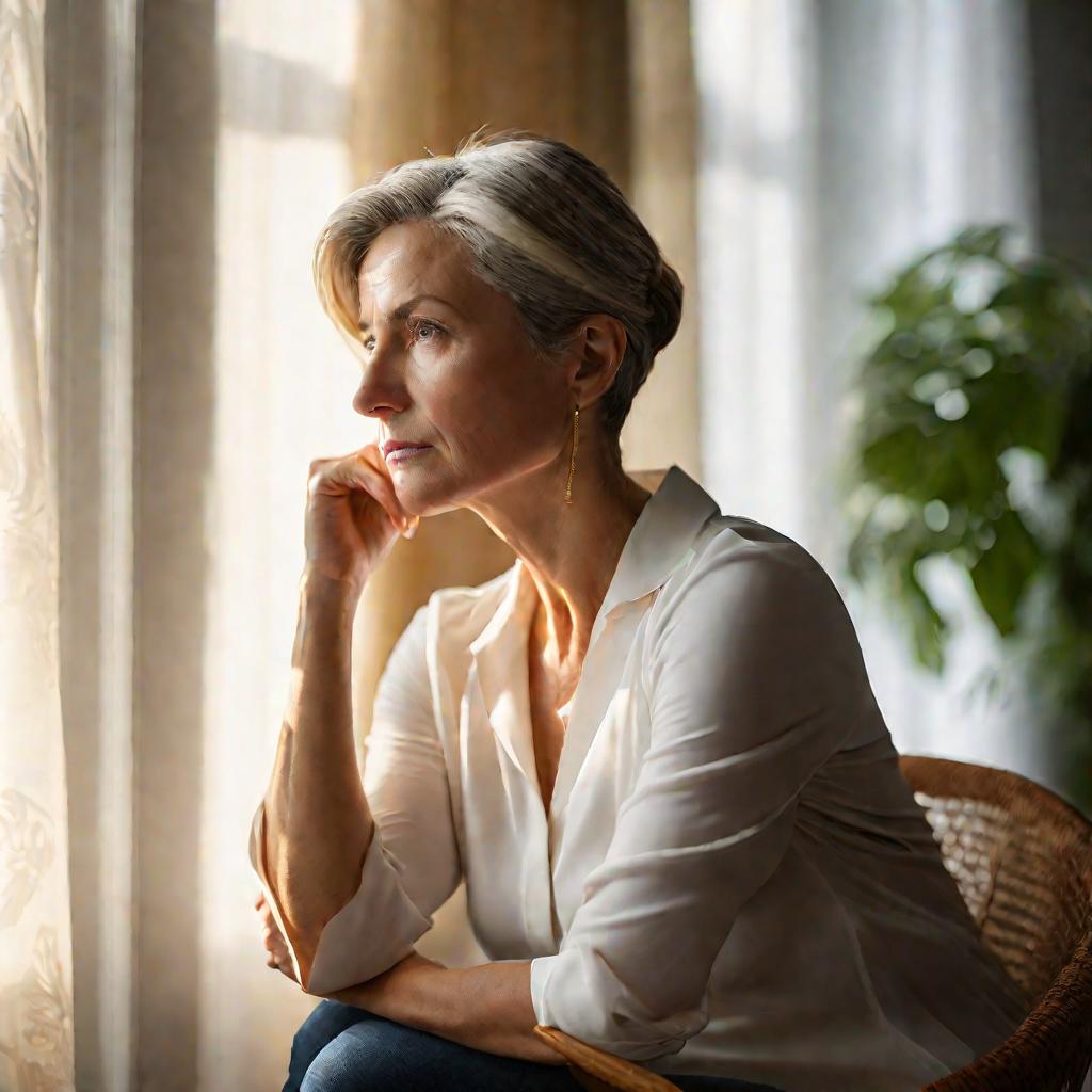 Женщина лет 40 сидит у окна задумчиво и обеспокоенно