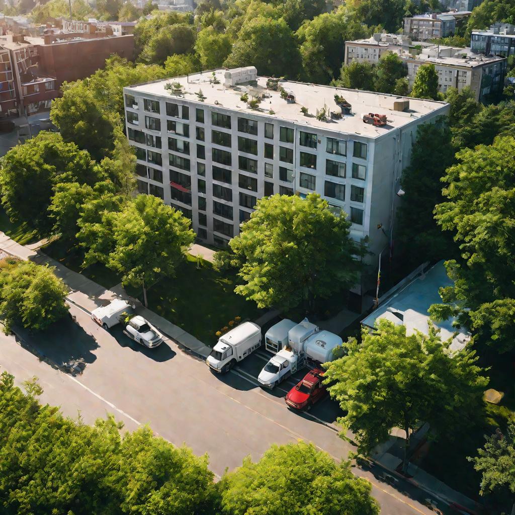 Городской многоэтажный дом с зелеными деревьями и проезжающими машинами на солнечное летнее утро