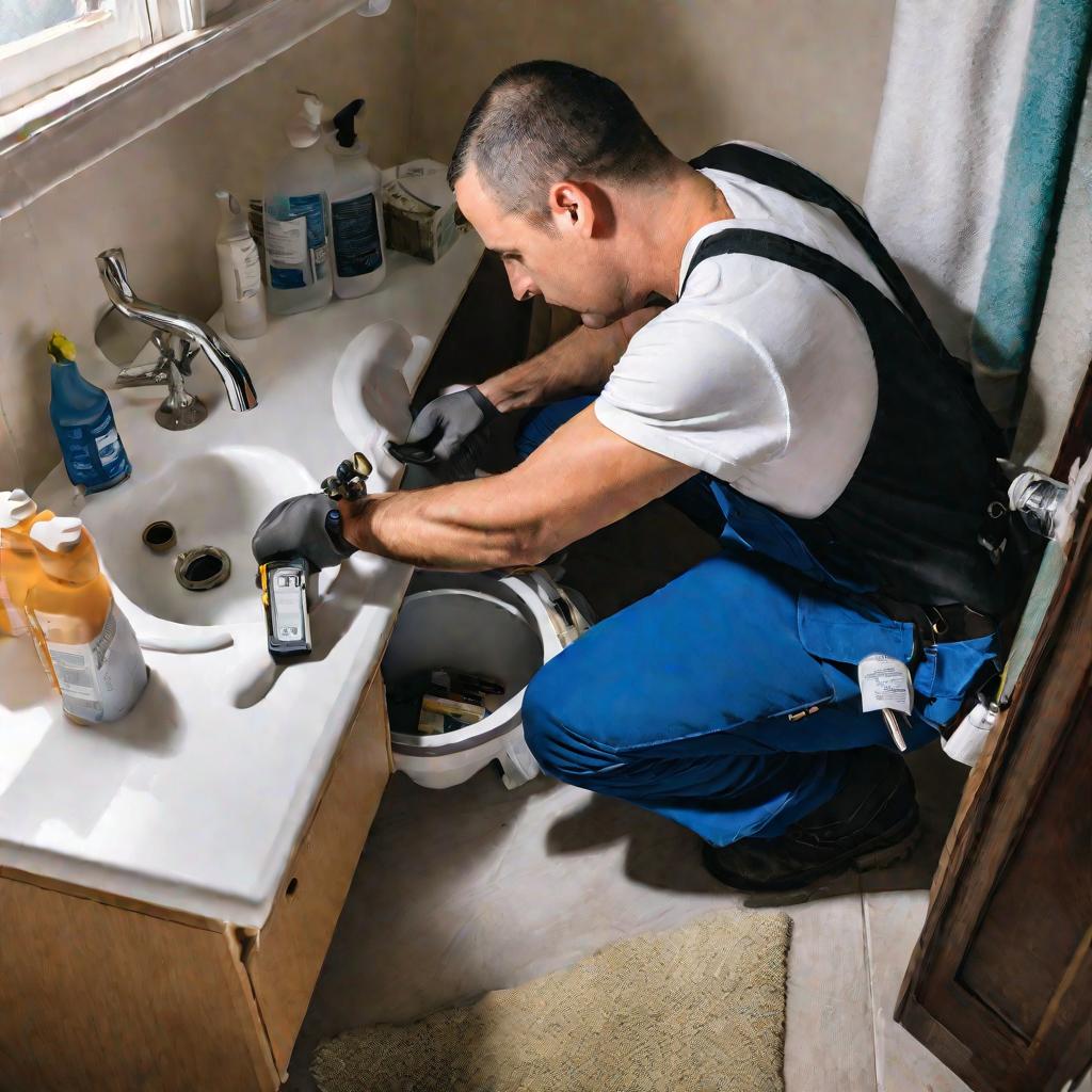 Сантехник с гаечным ключом в руках проверяет показания счетчика воды под раковиной в ванной комнате при дневном освещении из окна