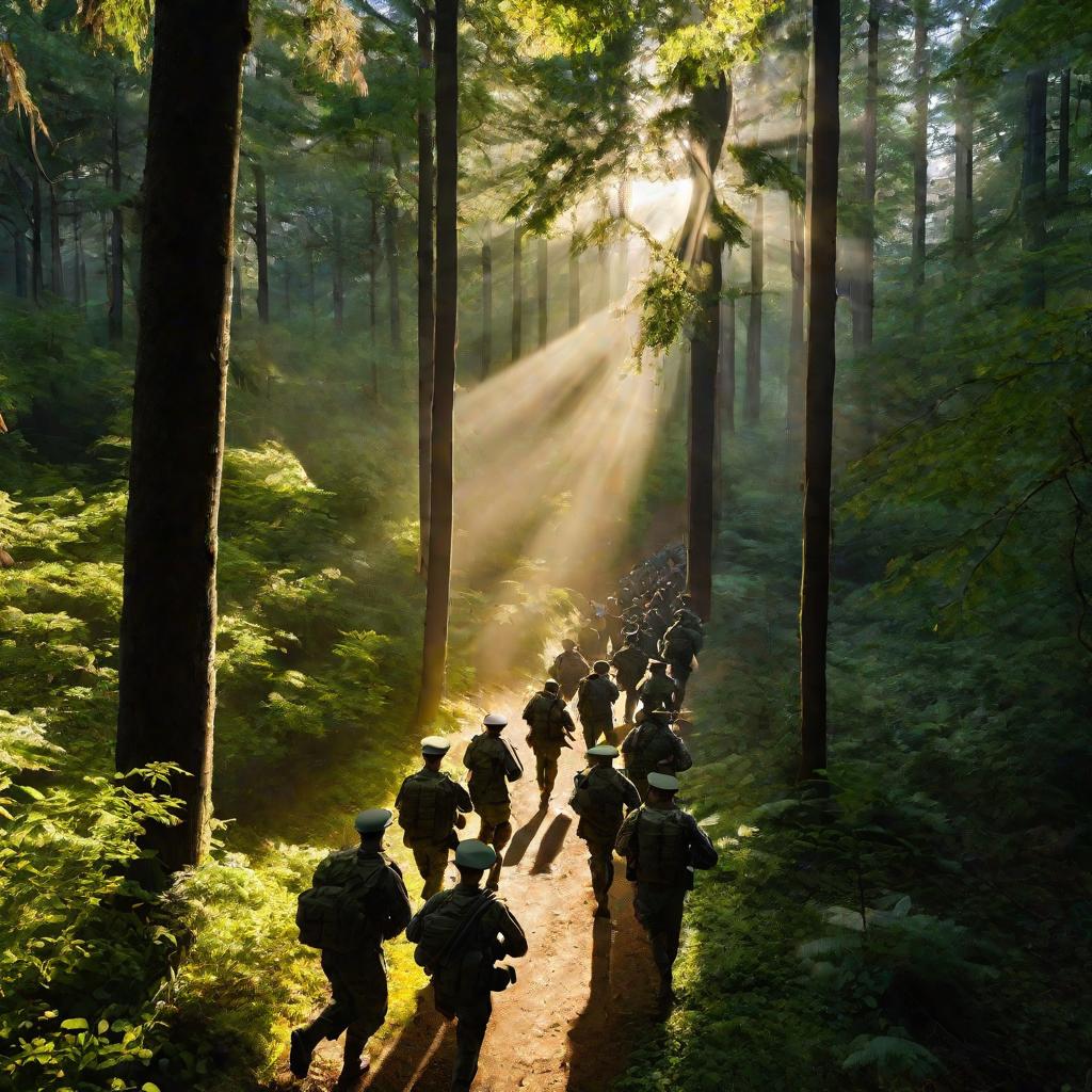 Солдаты бегут по лесу на утренней зарядке