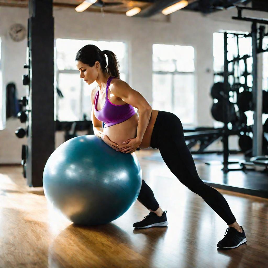 беременная женщина делает упражнения на мяче в спортзале