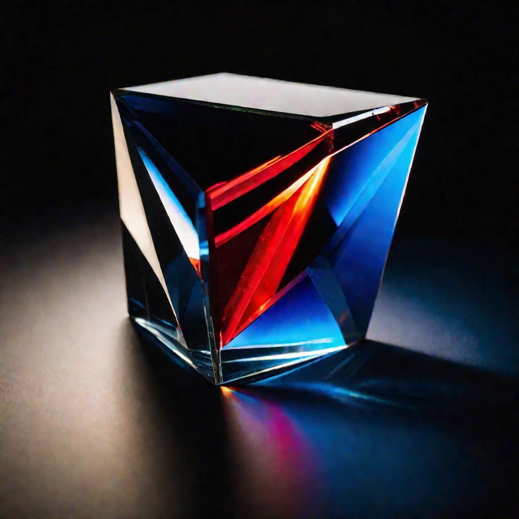 Лазерный луч расщепляется на красный и синий цвета, преломляясь в стеклянной призме с углом 60 градусов