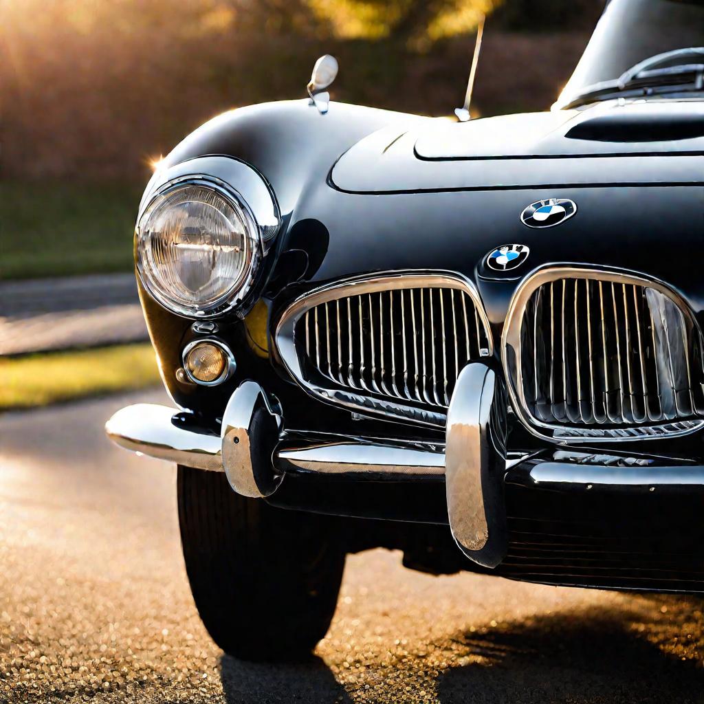 Крупным планом передняя решетка BMW 507, состоящая из двух тонких горизонтальных хромированных полос. В теплом вечернем свете видны замысловатые детали. Драматическое освещение подчеркивает знаковый облик спортивного автомобиля.