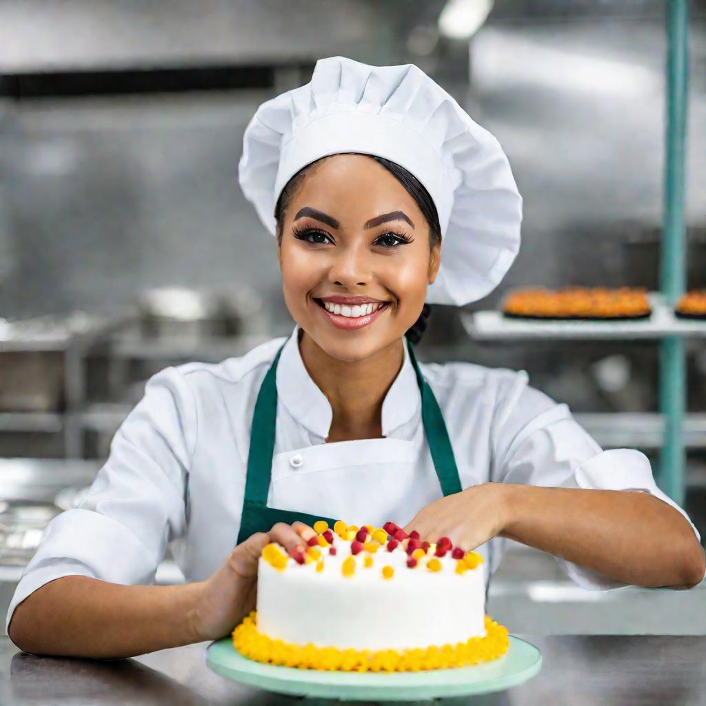 Портрет улыбающейся студентки-кулинара в форме и колпаке, украшающей торт в учебной лаборатории