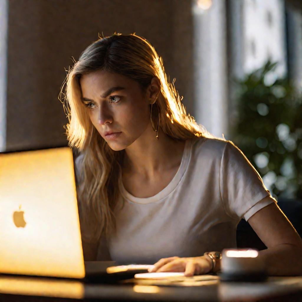 Крупным планом молодая женщина сидит за столом, с обеспокоенным выражением лица смотрит на экран компьютера, где отображен электронный чек. Окно за ней освещено вечерним солнцем в золотистых тонах