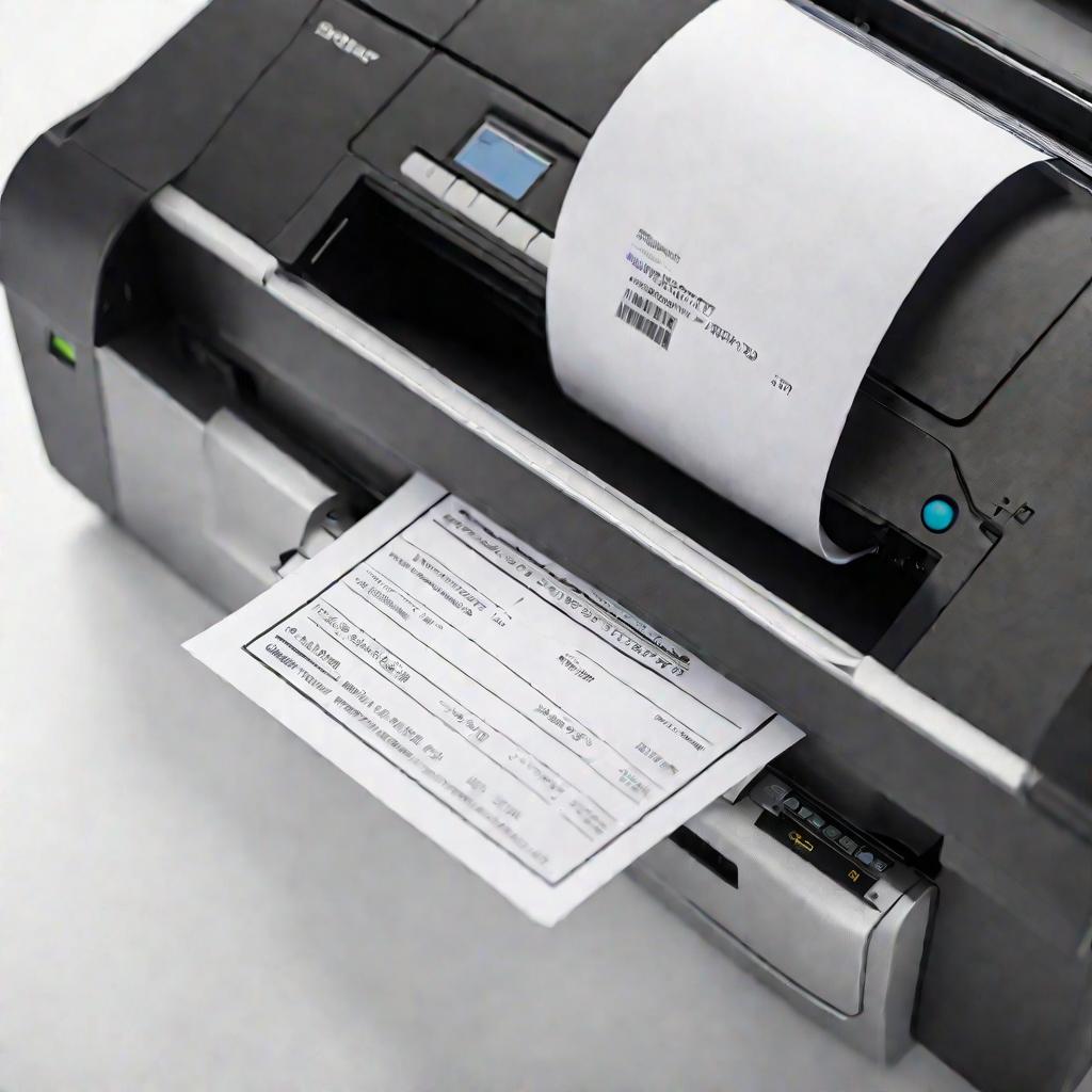 Сверху показан принтер чеков, печатающий бумажную копию электронного чека. Изображение очень детальное, в кинематографическом стиле с мелкой глубиной резкости