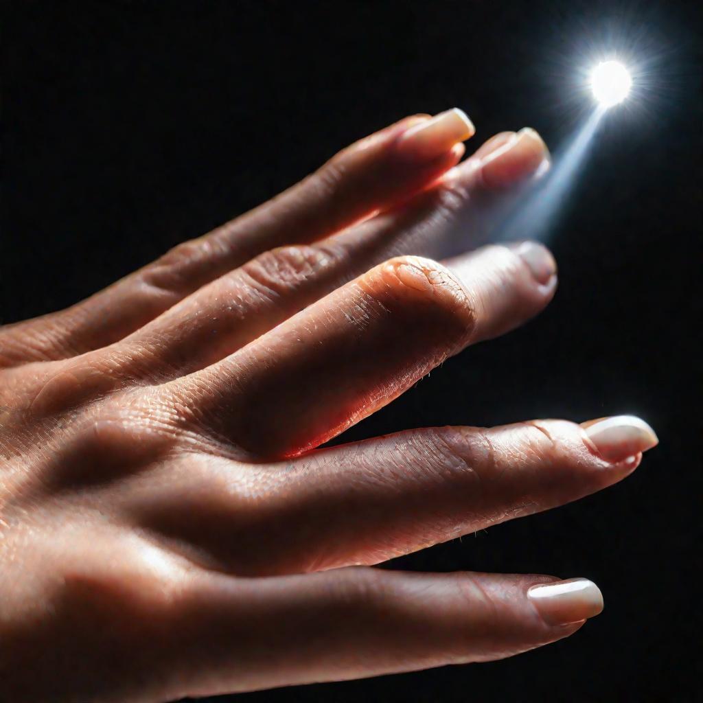 Крупный план руки с аллергической сыпью на пальцах около ногтей