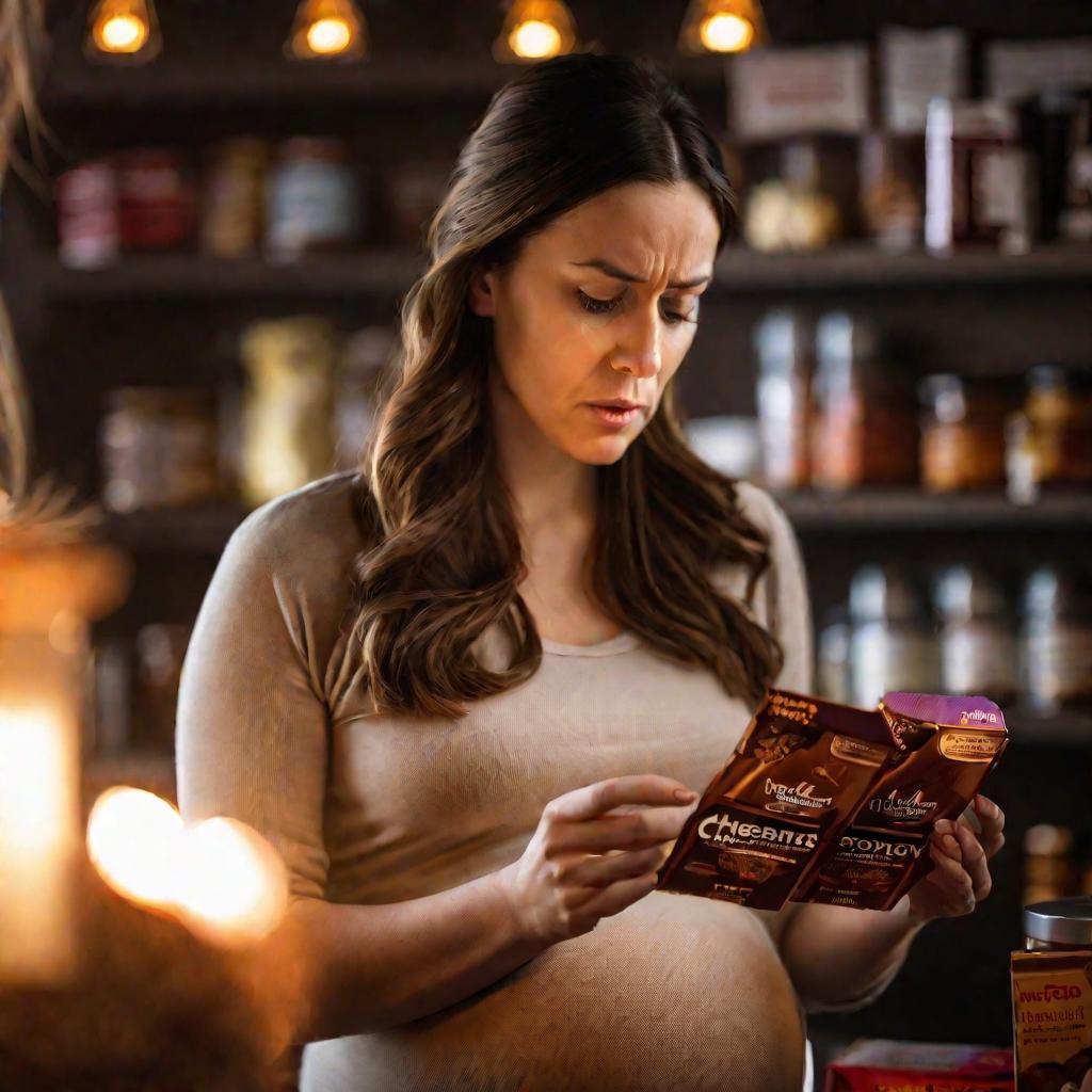 Беременная женщина читает состав шоколада