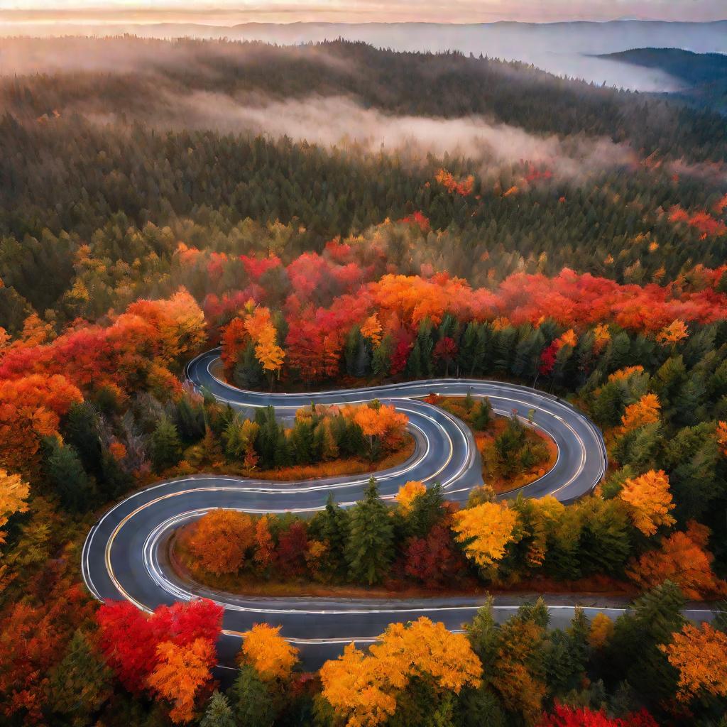 Лесная дорога среди яркой осенней листвы на фоне туманных гор.