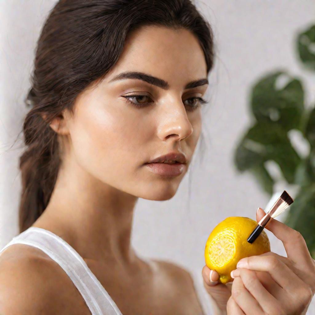 Женщина наносит лимонно-йогуртную маску на кожу над верхней губой при помощи кисточки
