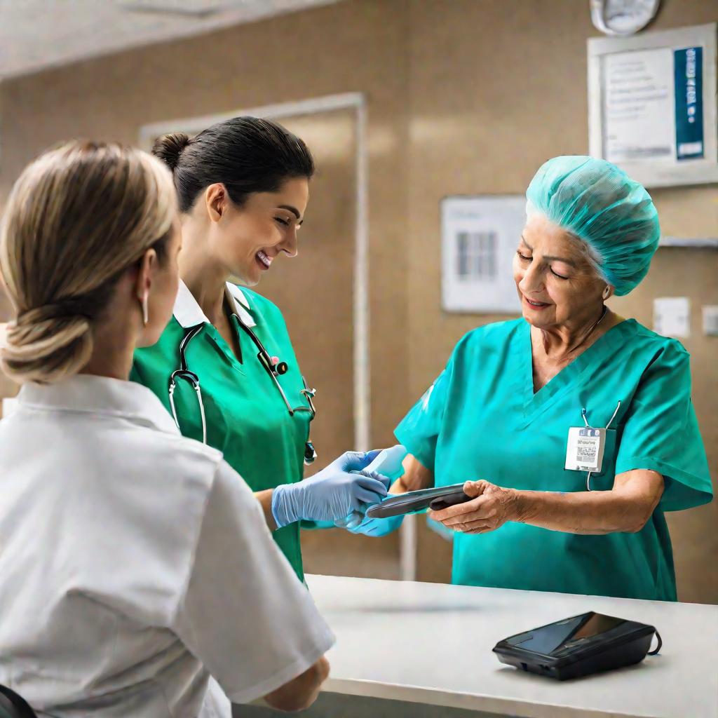 Медсестра принимает в регистратуре пакет с холтером от пожилого мужчины