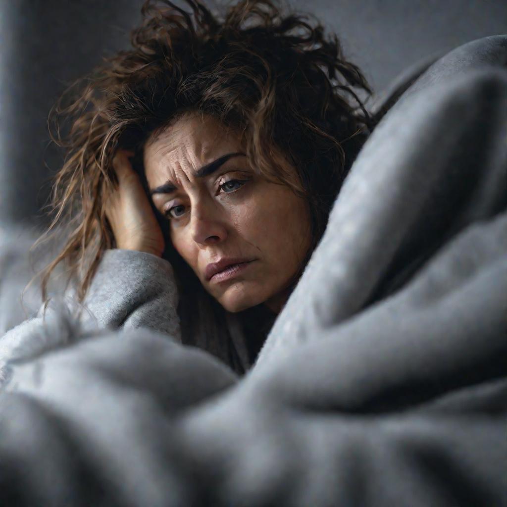 Женщина только проснулась, встрепанная и замерзшая, сидит в постели в туманное утро