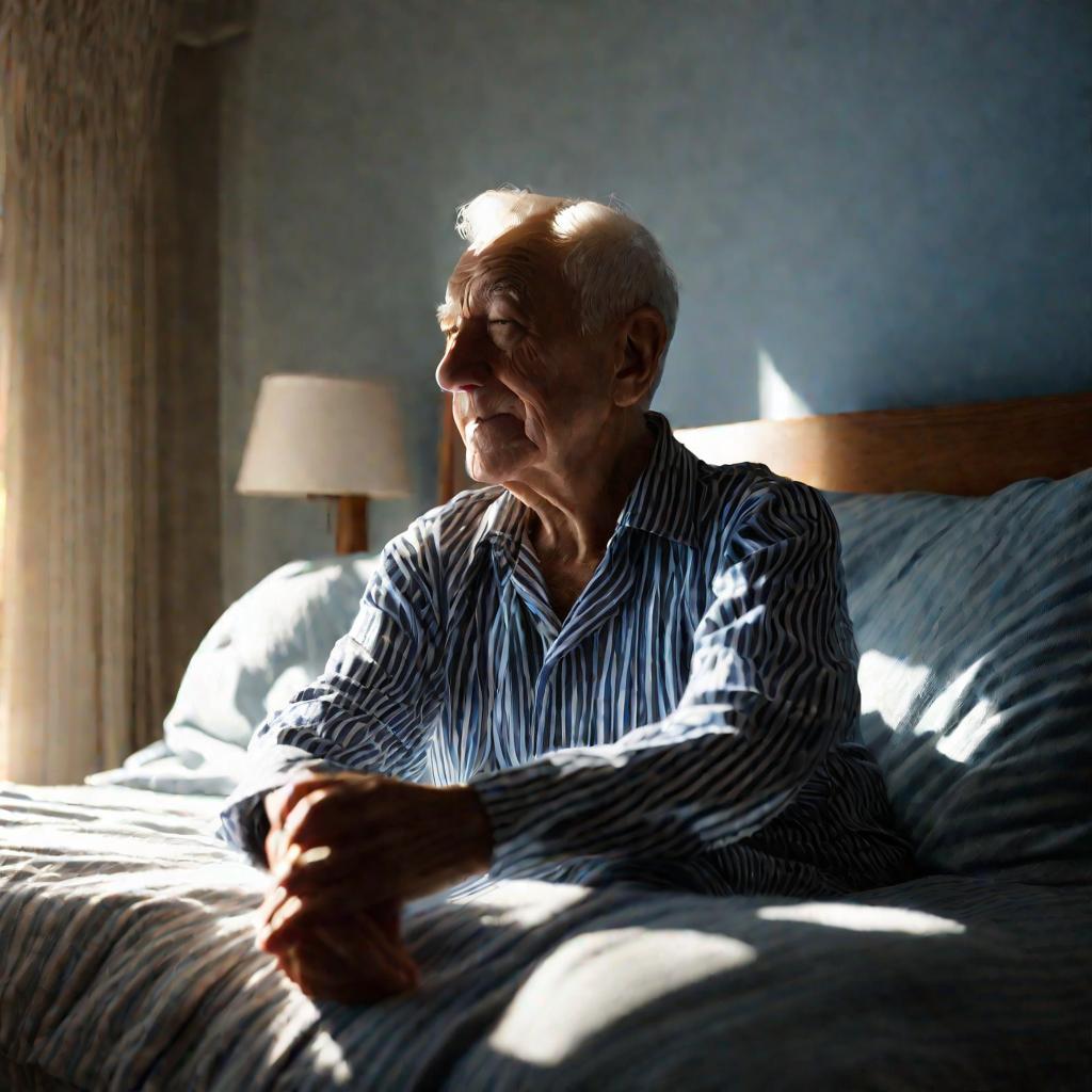 Пожилой мужчина сидит на кровати в пижаме, греет руки в холодное солнечное зимнее утро