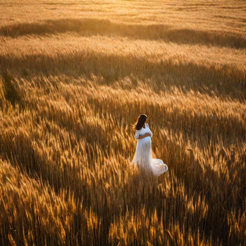 Беременная женщина идет по пшеничному полю
