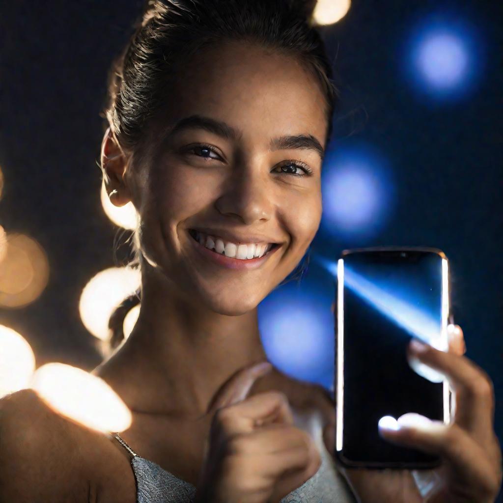 Улыбающаяся девушка держит телефон, с экрана исходит яркий свет, показывая успешную передачу приложения по Bluetooth