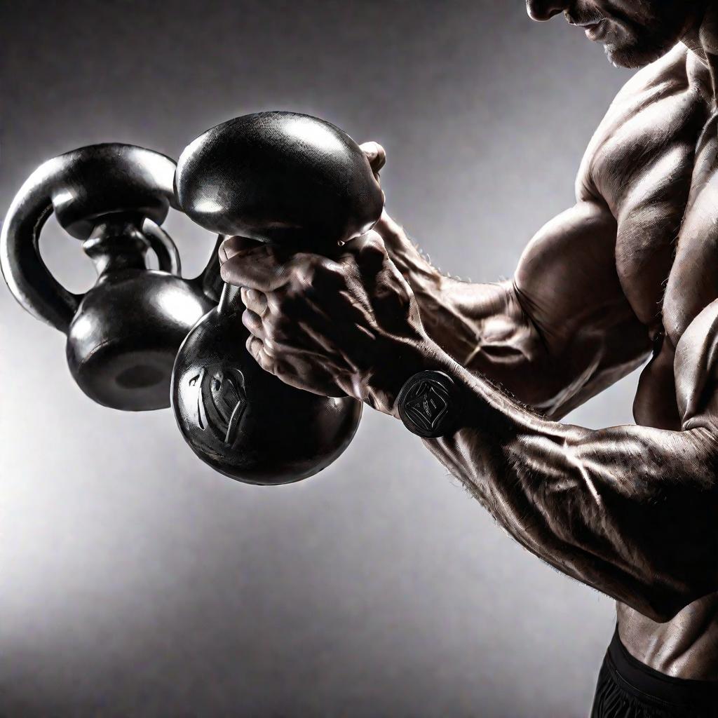 Два сверхжилистых мускулистых мужских предплечья в отличной физической форме с металлическими гирями, с сильным боковым освещением и четким фокусом на мышцы, вены и сухожилия