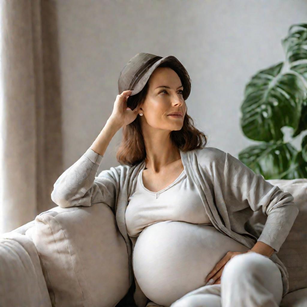 Беременная женщина отдыхает дома на диване