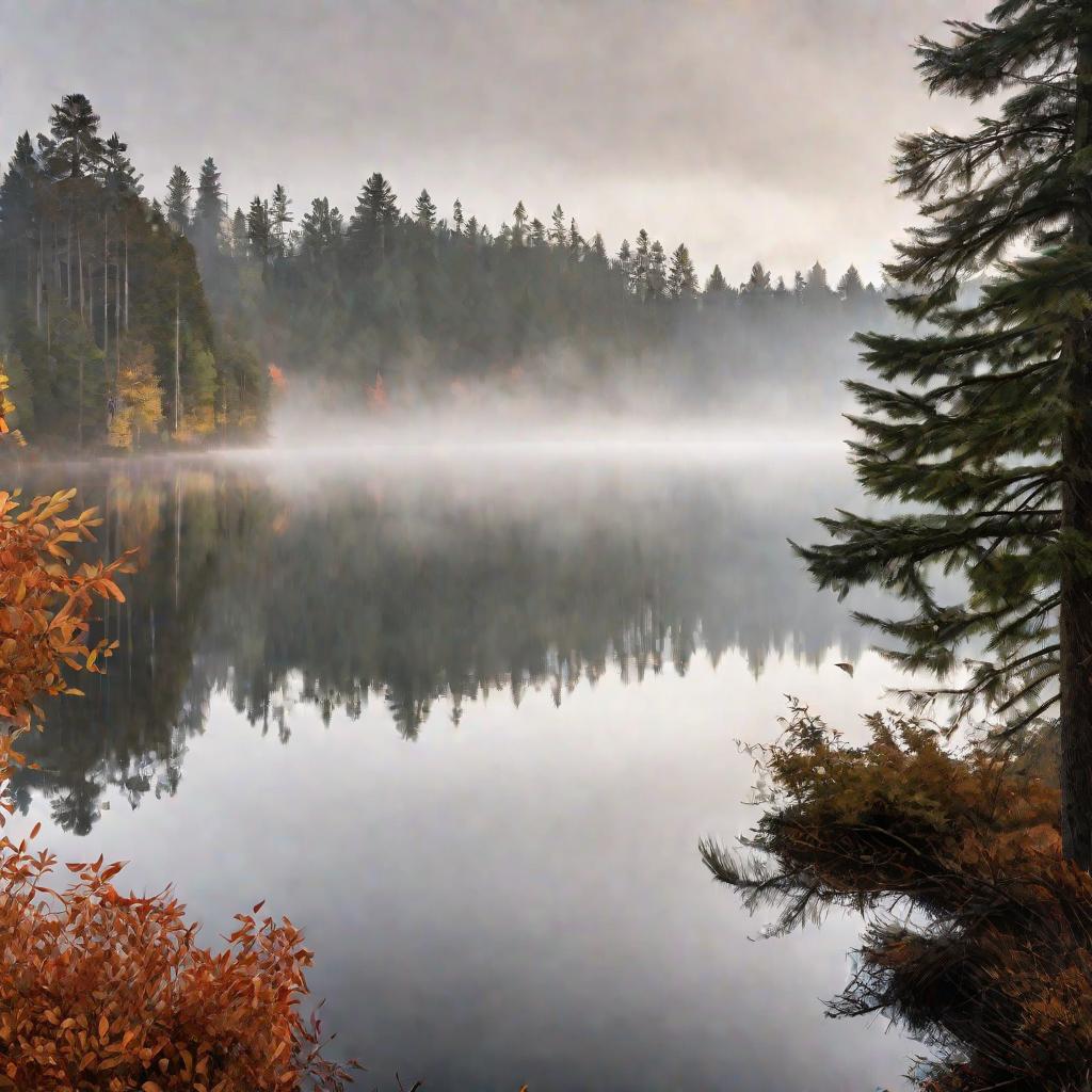 Широкий пейзаж с озером в тумане осенью среди сосен