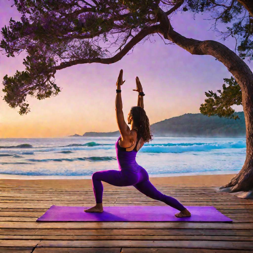 Женщина делает йогу на пляже на восходе солнца