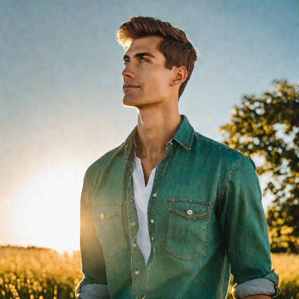 Высокий молодой человек с идеальной осанкой стоит на фоне голубого неба в джинсах и застегнутой рубашке, слегка улыбаясь