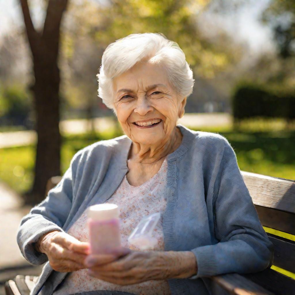 Пожилая женщина, сидящая на скамейке в парке, держится за грудь