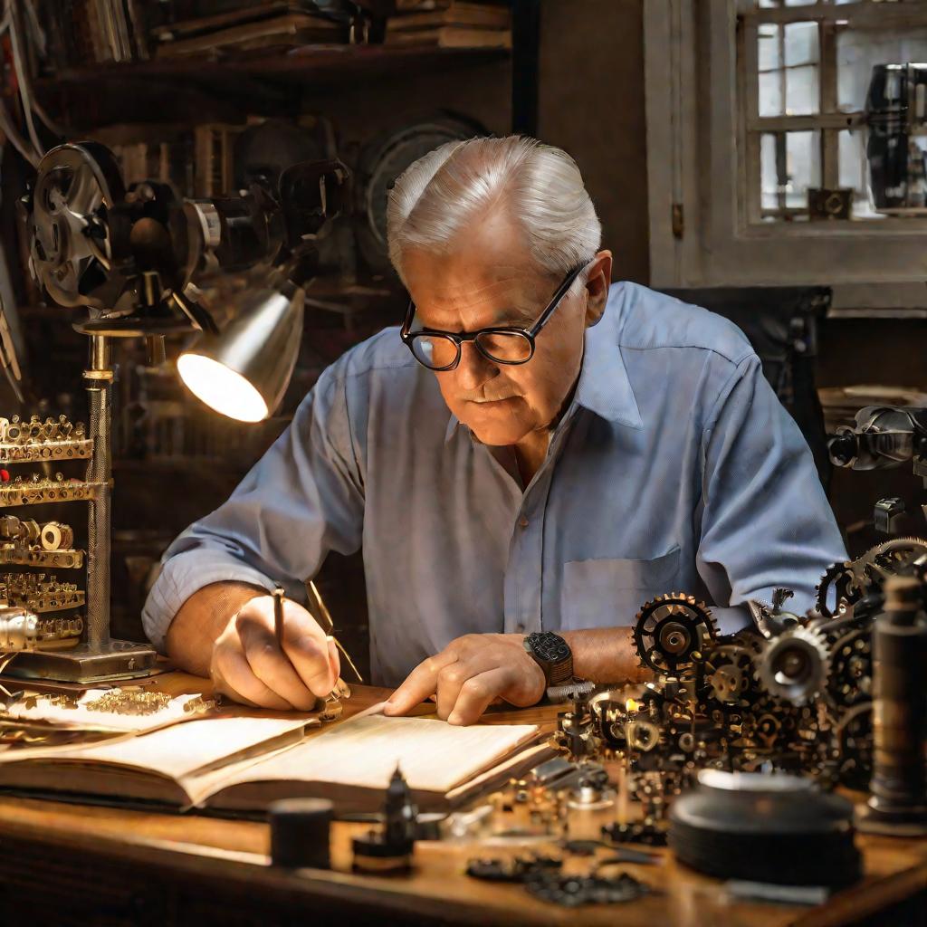 Мужчина в очках работает с мелкими деталями часового механизма при помощи увеличительного стекла