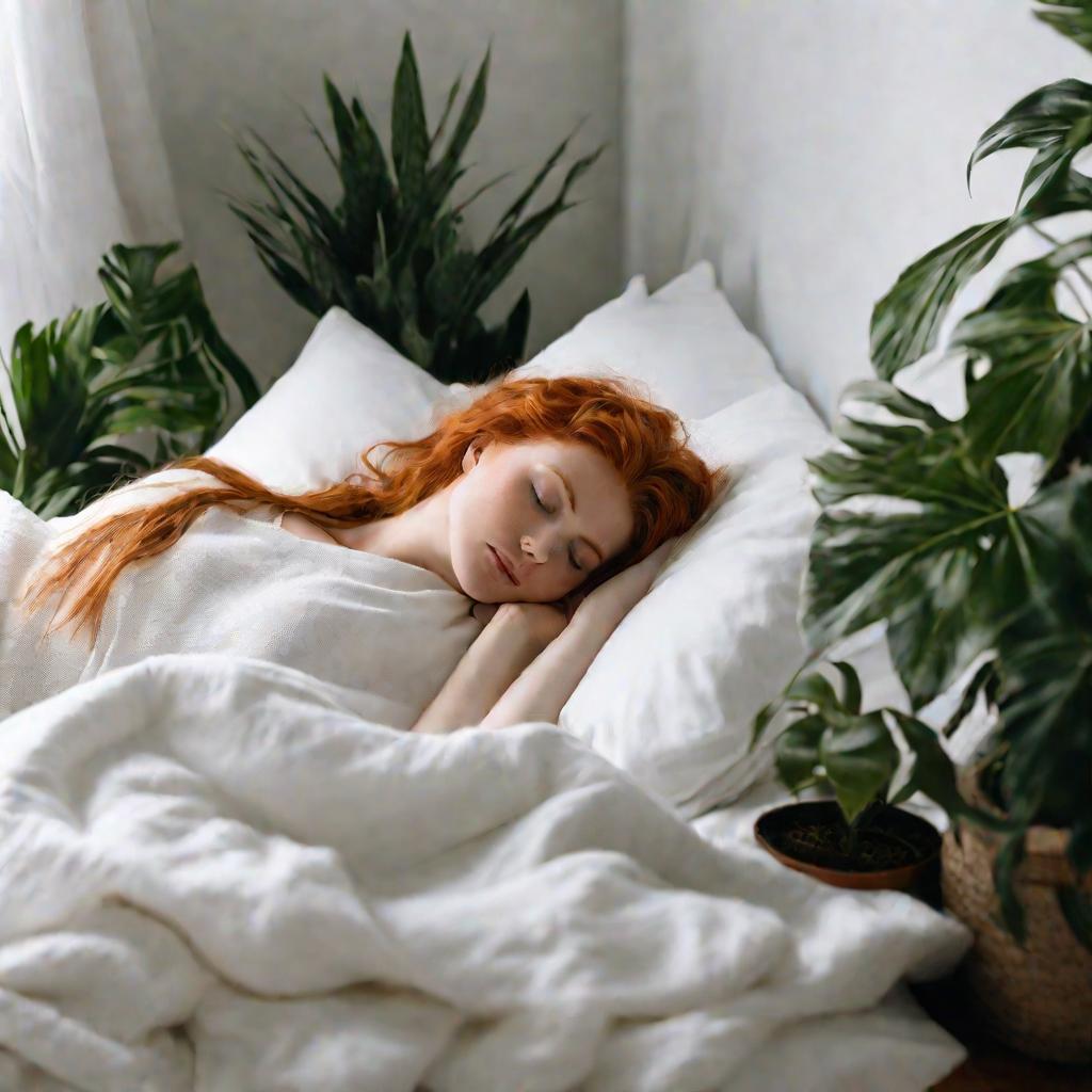 Женщина спит на правом боку в спальне на рассвете