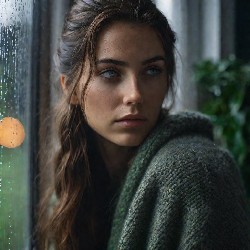 Портрет молодой грустной девушки в сером свитере, смотрящей в окно под дождем