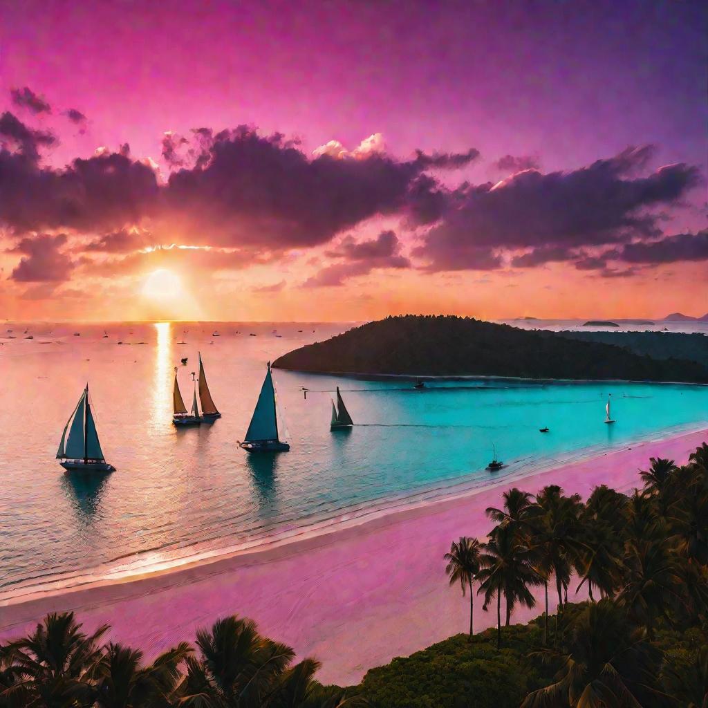 Вид сверху на красивый пляж и бирюзовый океан на закате. Золотистые лучи солнца драматично расходятся по поверхности воды. На фоне виден силуэт острова и несколько парусных лодок, медленно скользящих по воде. Небо окрашено в яркие розовые, фиолетовые и ор