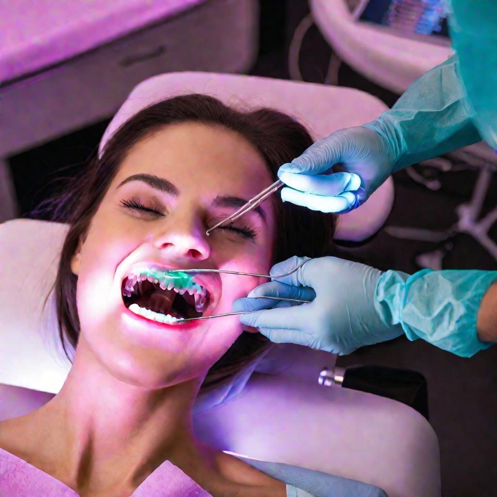 Зубной врач чистит зубы пациента