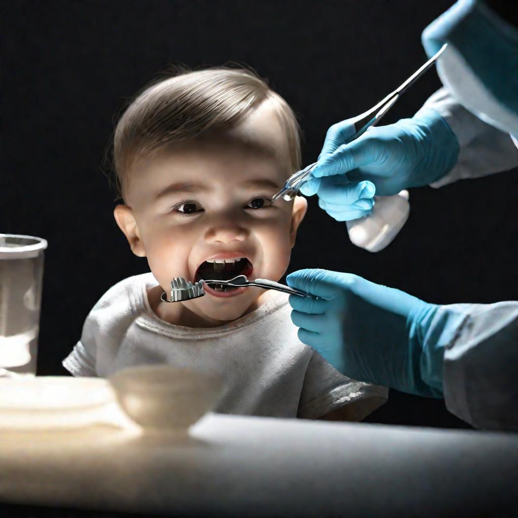 Ребенок на приеме у стоматолога, который удаляет черный налет с зубов