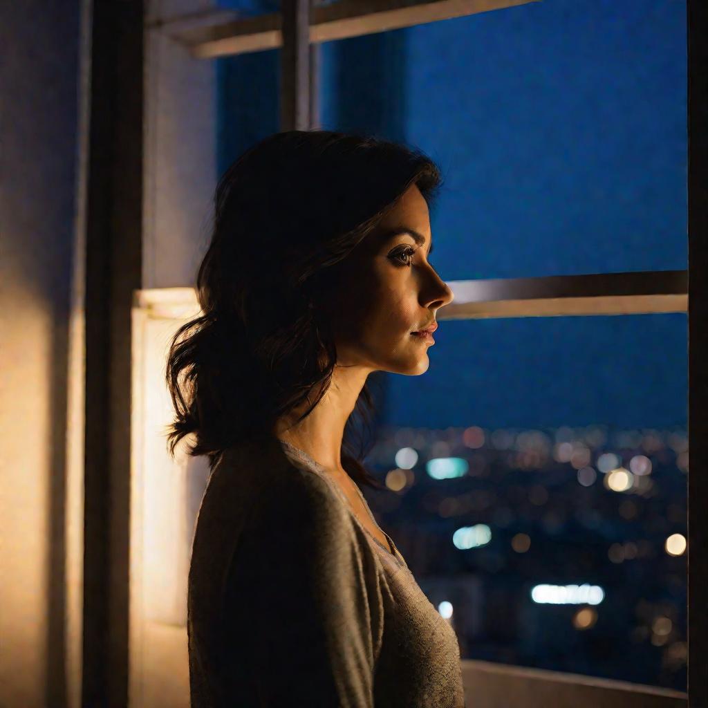 Женщина задумчиво смотрит в окно небоскреба