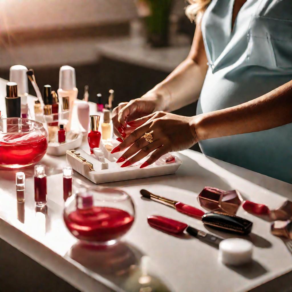 Женщина с длинными красными ногтями делает френч-маникюр перед родами в салоне красоты