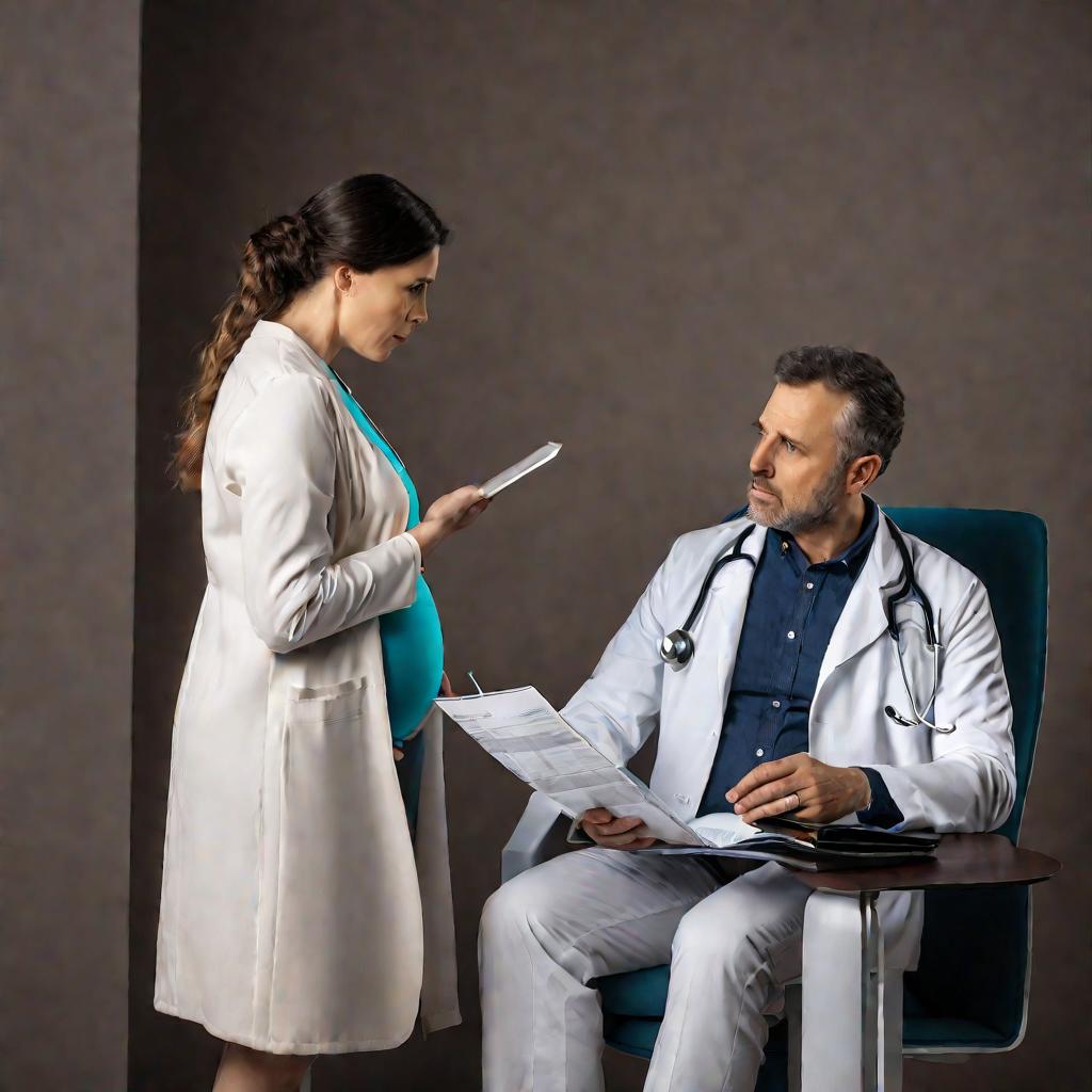 Беременная женщина беседует с врачом, делясь своими опасениями. Доктор в белом халате внимательно ее слушает, держа в руках ее медкарту