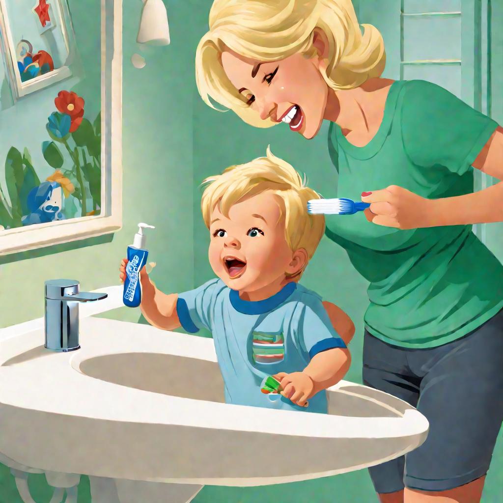 Мама помогает сыну почистить зубы перед сном