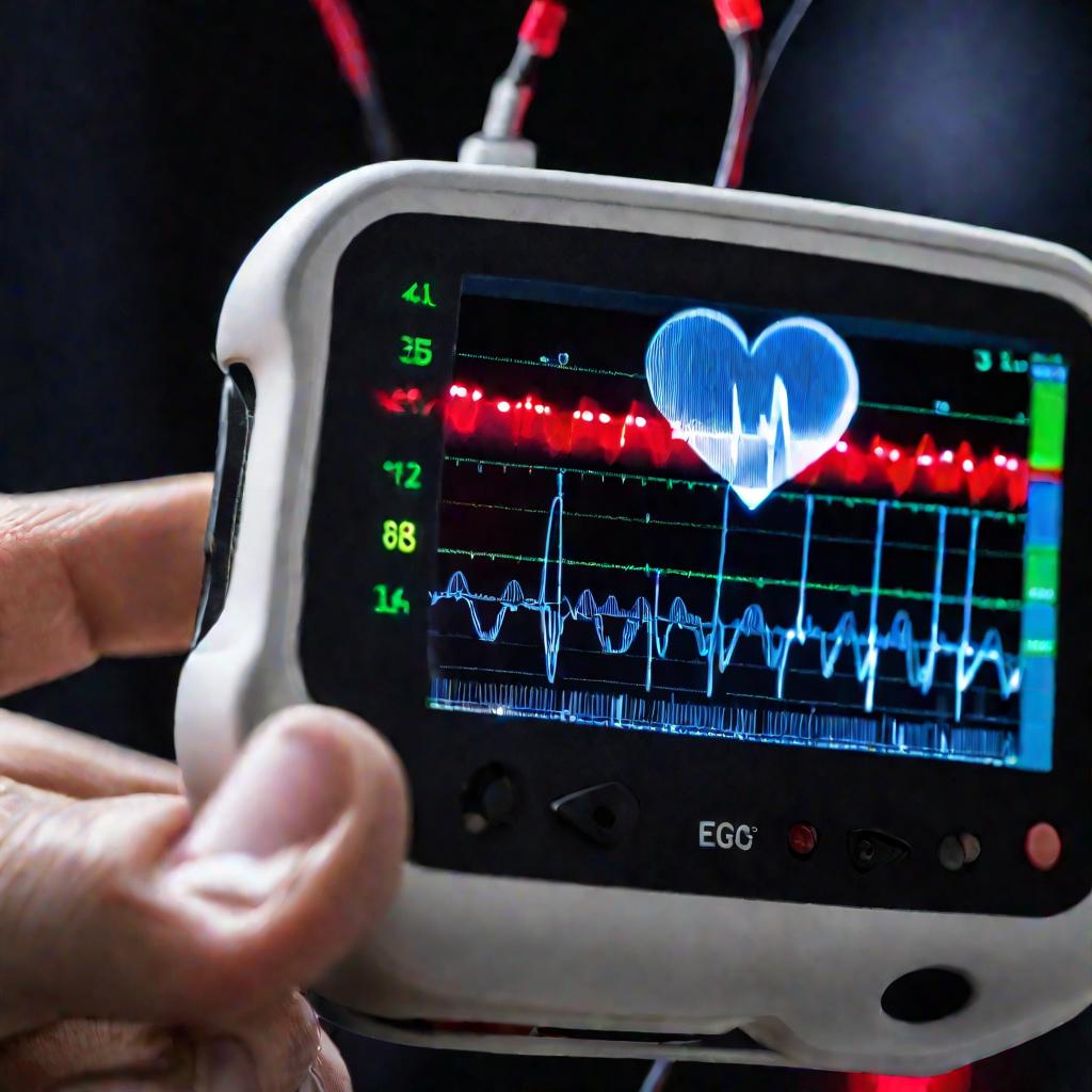 Крупный план работающего холтера ЭКГ в руке врача с мигающими огнями на дисплее