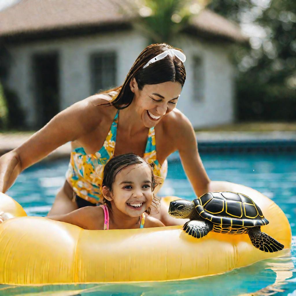 Мама помогает дочке выбраться из бассейна, девочка улыбается, мокрая после плавания в надувной жилете-черепахе