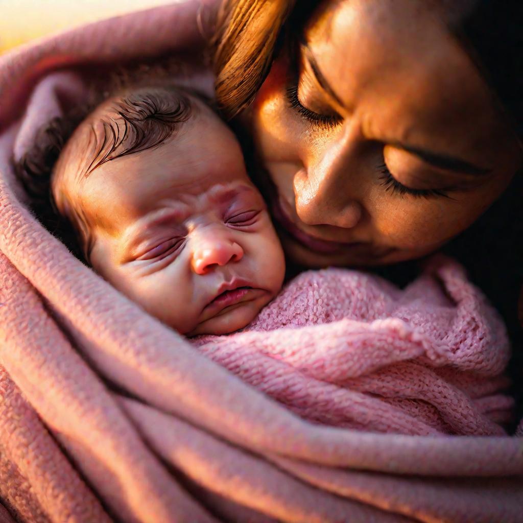 Любящая мама нежно прижимает к себе плачущую новорожденную девочку с легкими гематомами на головке после вакуумной экстракции на фоне красивого заката